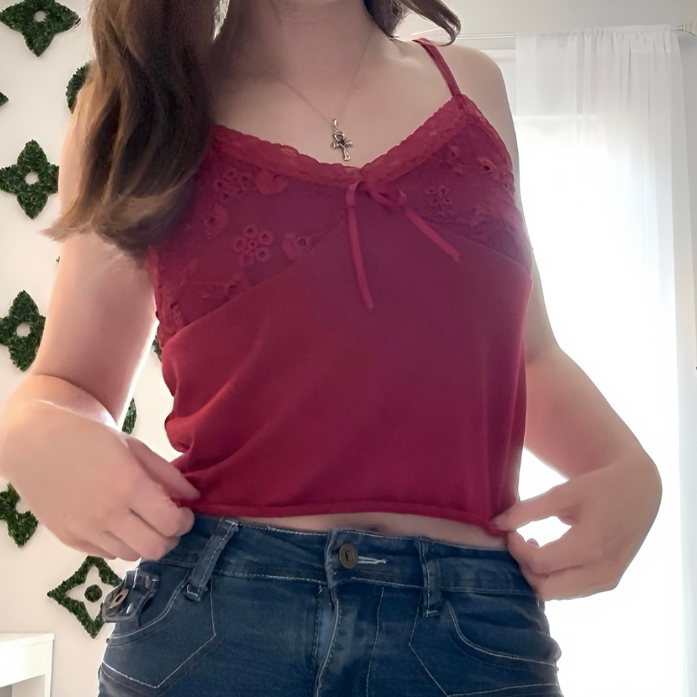 Red Lace Trim Cami Top With Bow